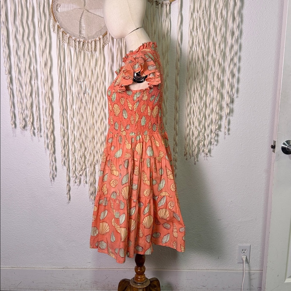 Victoria Dunn Elastic Smocked Chest Shell Print Below Knee Cap Sleeve Dress XS - Picture 2 of 11